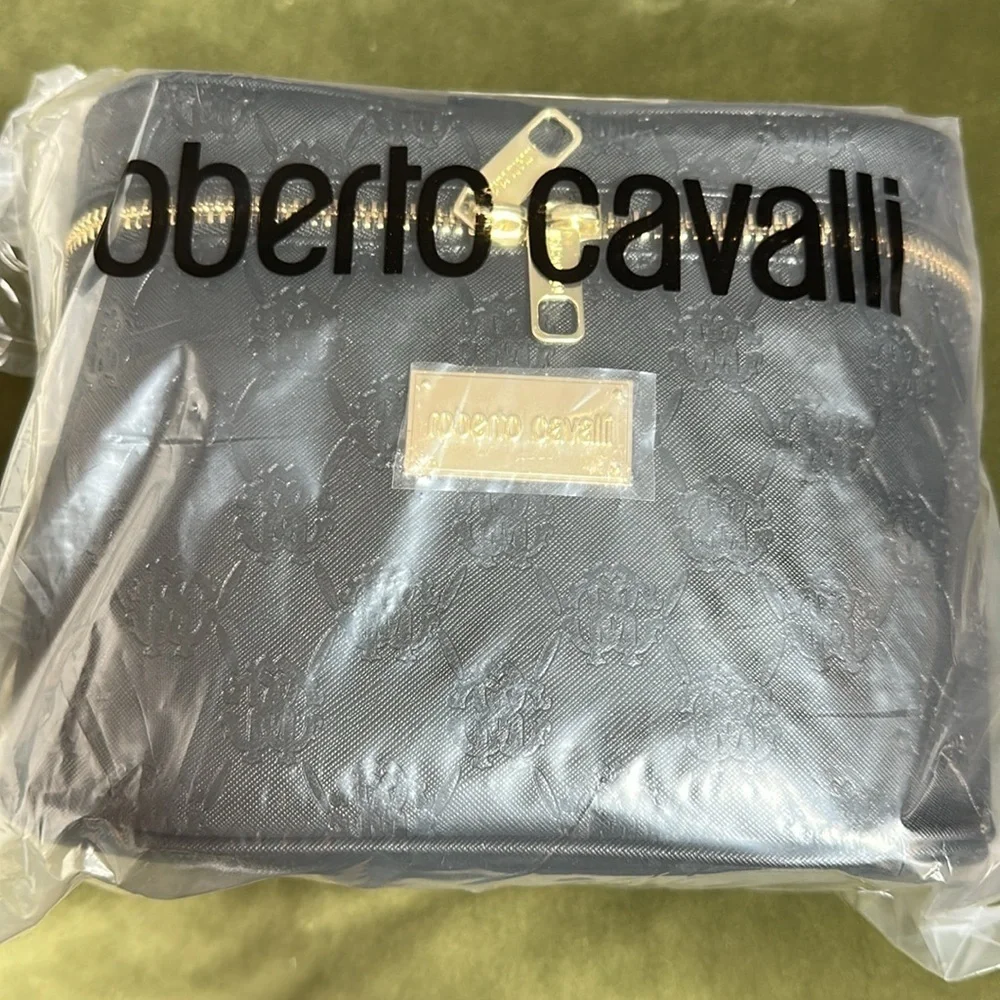 NEW Roberto Cavalli Black Embossed Monogram Cosmetic Bag Train Case